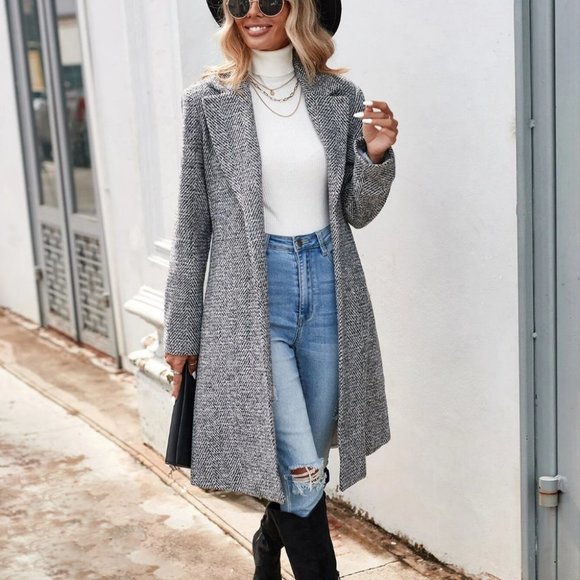 Chic open front herringbone jacket Overcoat